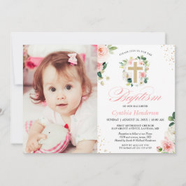 Girl Taufe Christening Foto Blush Pink Bloral Einladung