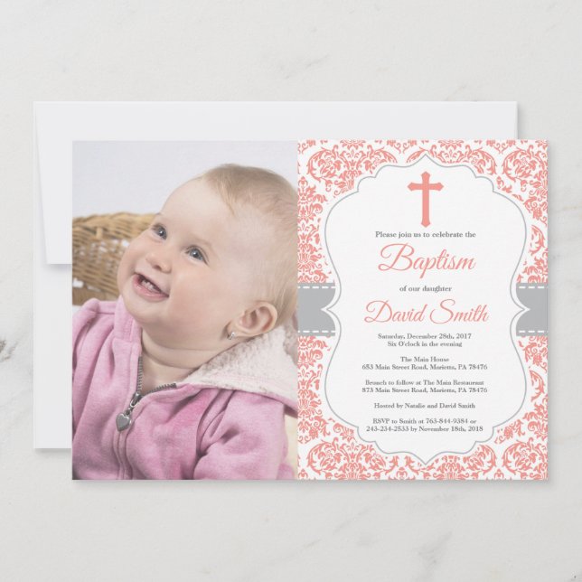 Girl-Taufe Einladung Kornrot und Grau Damask (Vorderseite)