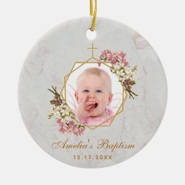 Girl Taufe Foto Rosa Orchideen Blumengoldmarmor Keramik Ornament (Vorne)