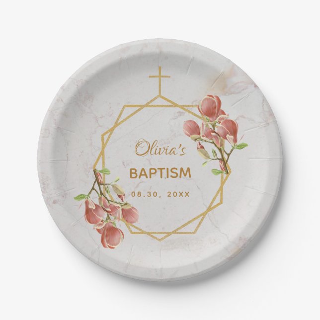 Girl Taufe Marmor Gold Pink Magnolia Geometric Pappteller (Vorderseite)