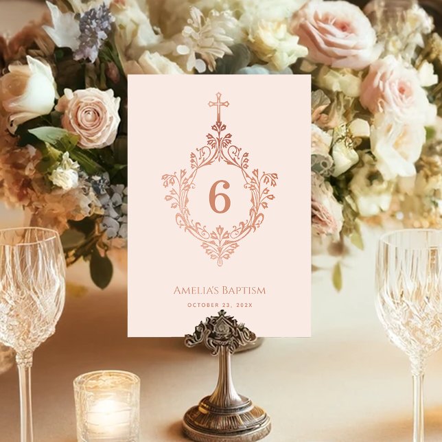 Girl Taufe Rosa Elegante Rose Goldenes Kreuz im Wa Tischnummer (Von Creator hochgeladen)