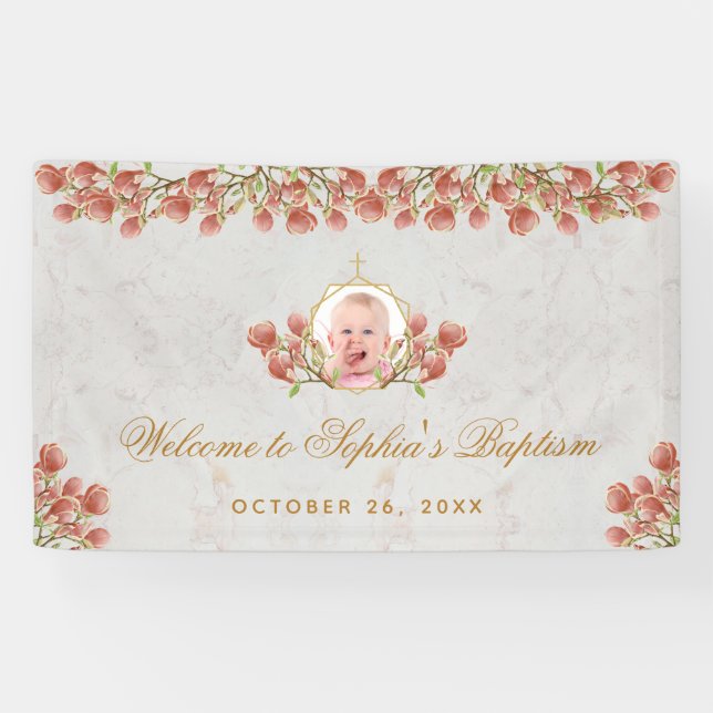 Girl Taufe Rosa Magnolia Gold Kalligrafie Foto Banner (Horizontal)