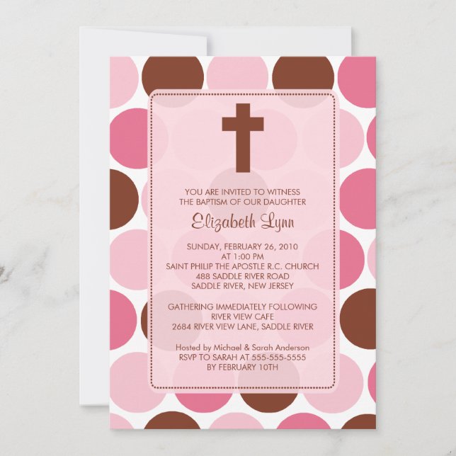 Girl-Taufe-Tipp Brown & Pink Polka-Punkte Einladung (Vorderseite)
