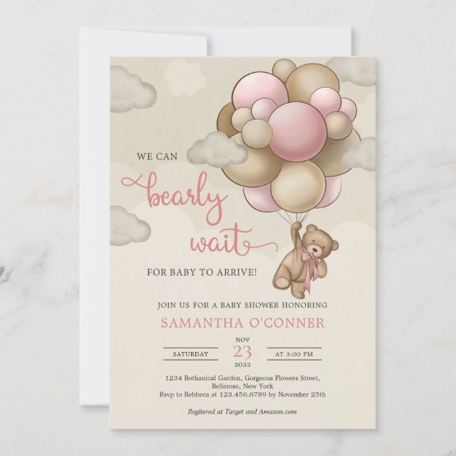 Girl Teddy Bärenblüte Rosa-Braunbällchen Einladung (Vorderseite)