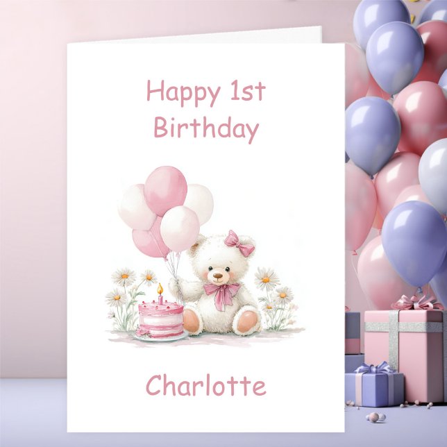 Girl Teddy Bear 1st Birthday Karte (Von Creator hochgeladen)