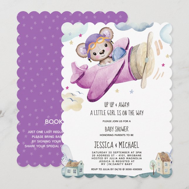 Girl Teddy Bear Airplane Babydusche Einladung (Vorne/Hinten)