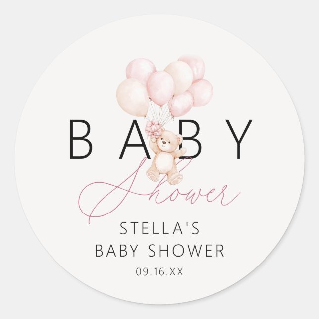 Girl Teddy Bear Balloons Babydusche Runder Aufkleber (Vorderseite)