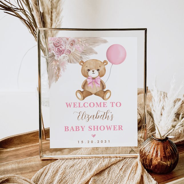 Girl Teddy Bear Boho Pink Pampas Willkommen Poster (Von Creator hochgeladen)