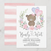 Girl Teddy Bear Pink Lila Floral Baby Dusche Inv