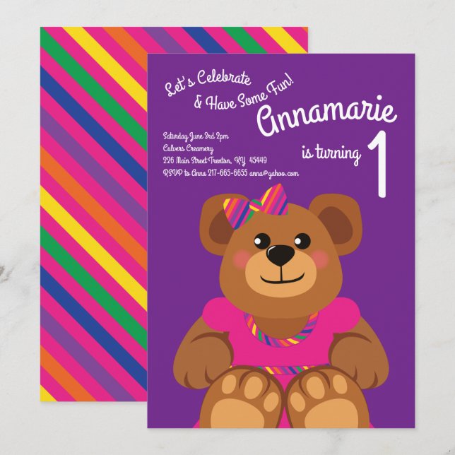 Girl Teddy Bear Rainbow 1. Geburtstag Niedlich Einladung (Vorne/Hinten)