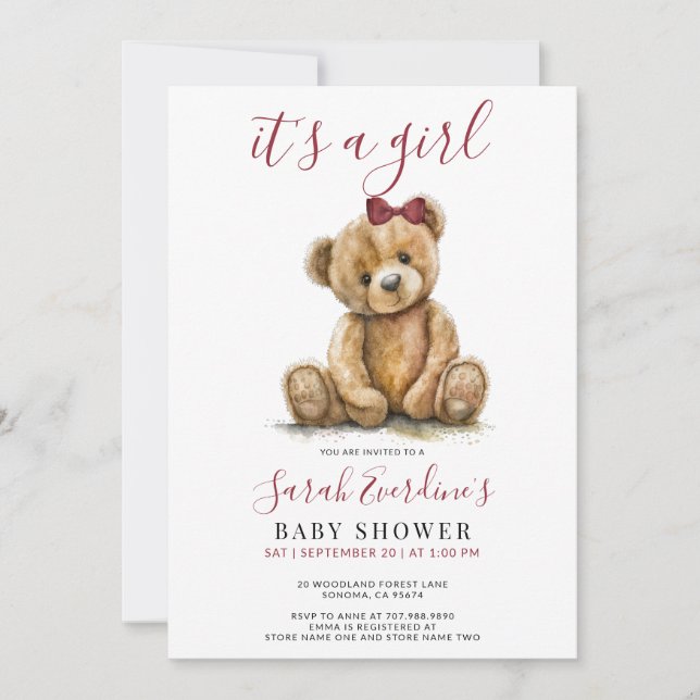 Girl Teddy Bear Watercolor Girl Babydusche Einladung (Vorderseite)