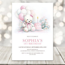 Girl Teddy Bear with Balloons 1st Birthday