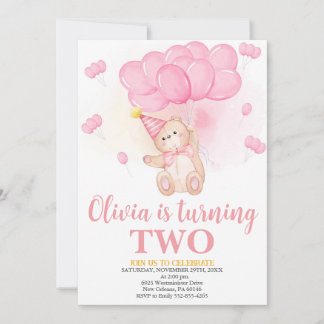 Girl Teddy Bears Birthday, Watercolor Balloons Einladung