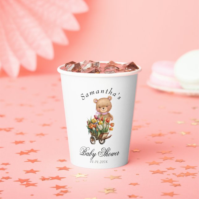 Girl Teddy Floral Baby Dusche Pappbecher (Insitu)