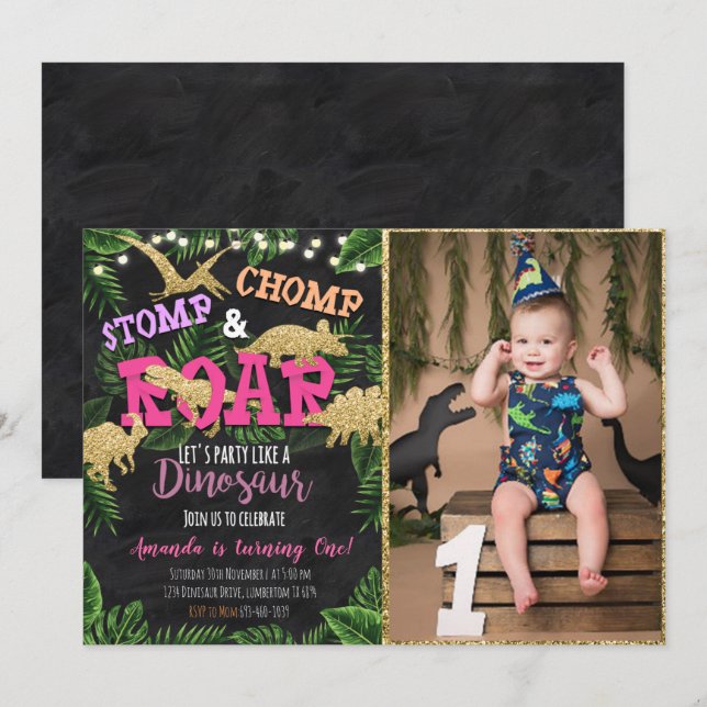 Girl Tropical Dinosaur Einladung zum Geburtstag (Vorne/Hinten)