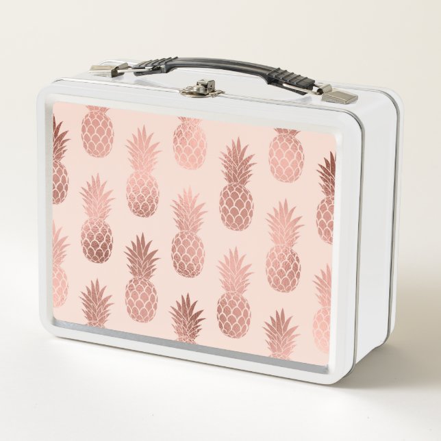 Girl Tropical Rose Goldenes Ananas Muster Metall Brotdose (Vorderseite)