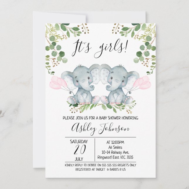Girl Twin Elephant Balloons Babydusche Einladung (Vorderseite)