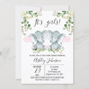 Girl Twin Elephant Balloons Babydusche Einladung