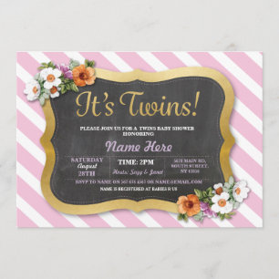 Girl Twins Babydusche Floral Stripe Rosa Einladung