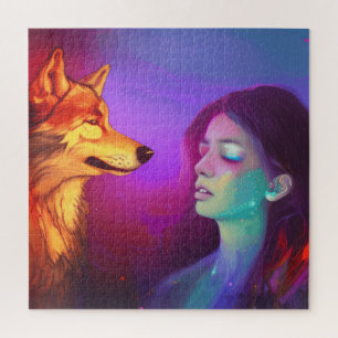 Girl und ihr Wolf AI Generierten Fantasy Pop Art