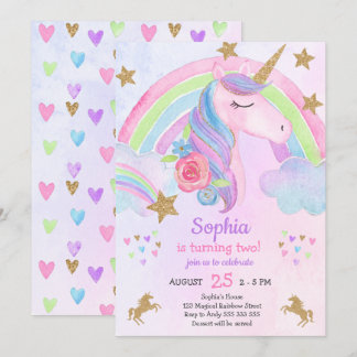 Girl Unicorn Party Birthday Gold Glitzer Pastell Einladung