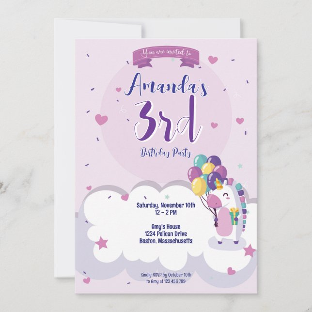 Girl Unicorn Theme Anniversaire Invitation (Devant)