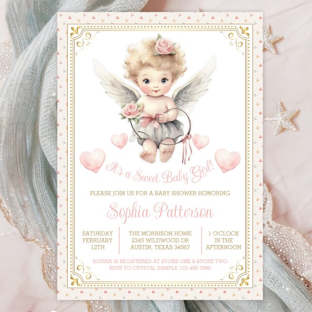 Girl Valentine Cherub Hearts Baby Dusche Einladung (Cute sweetheart angel baby shower invitation. Instant download and printed invitations available.)