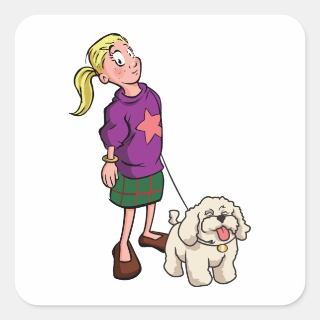 Girl Walking A Dog Quadratischer Aufkleber (Vorderseite)