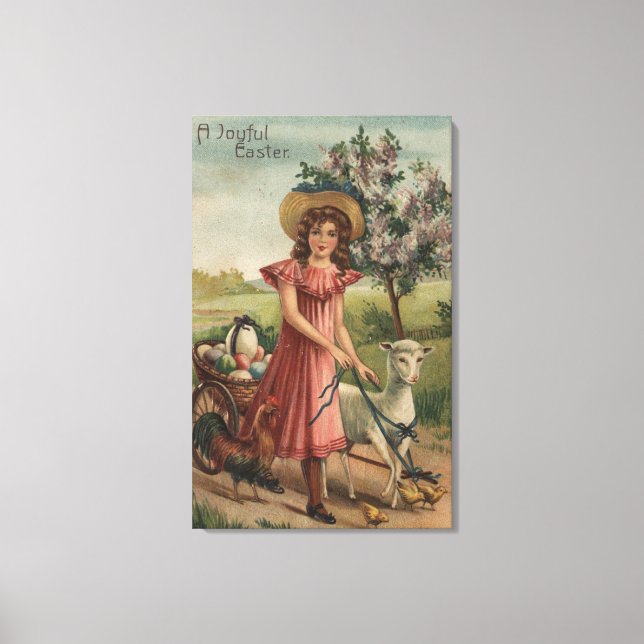 Girl Walking Lamb, Chick und Rooster Leinwanddruck (Vorderseite)