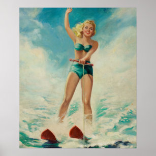 Girl Water Skifahren Button Up Art Poster