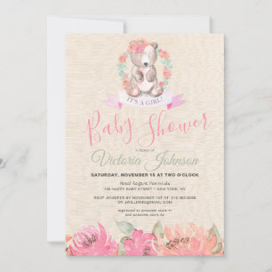 Girl Watercolor Baby Bear Woodland Floral Einladung