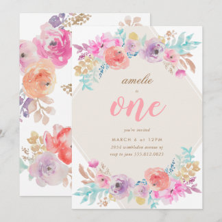 Girl Watercolor Blume Einladung zum ersten Geburts