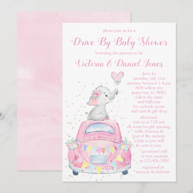 Girl Watercolor Elephant Car Drive mit Babydusche Einladung (Vorne/Hinten)