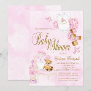 Girl Watercolor Pink Gold Baby Dusche Einladung