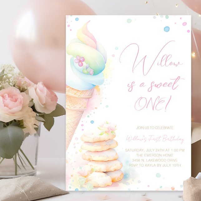 Girl Watercolor Süßigkeiten Sweet One Einladung (Pretty pastel sweet one first birthday invitation. Simply add your event details.)