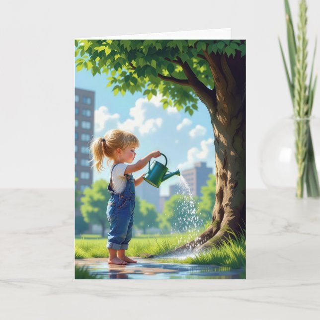 Girl Watering - ein Paradies für Kinder Karte (Vorderseite)