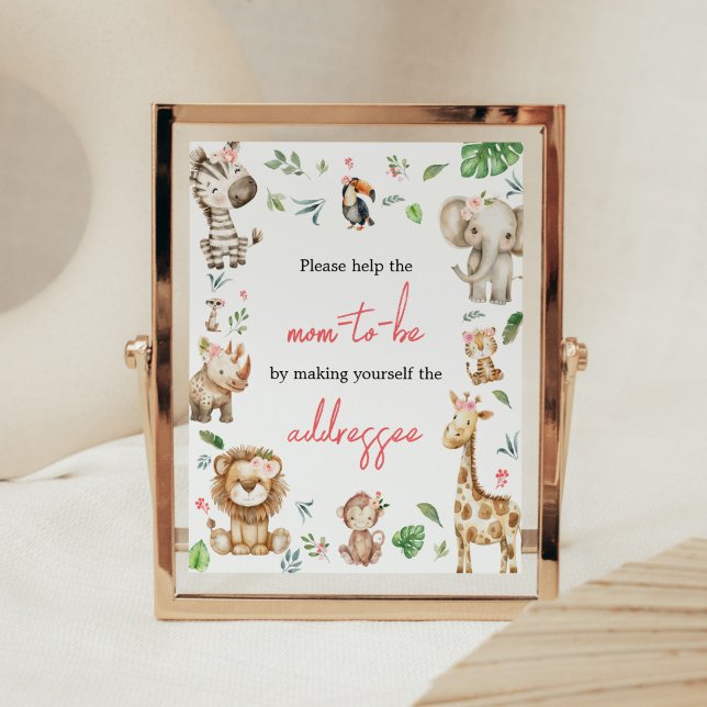 Girl Wild One Safari Baby Shower Envelope Station Poster (Floral Wild One Safari Animals Baby Shower Envelope Station Sign)
