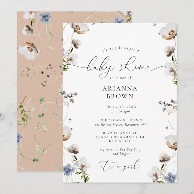Girl Wildblume Calligraphy Kinderdusche Einladung (Vorne/Hinten)