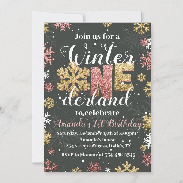 Girl Winter Onederland Birthday Einladung Gold (Vorderseite)