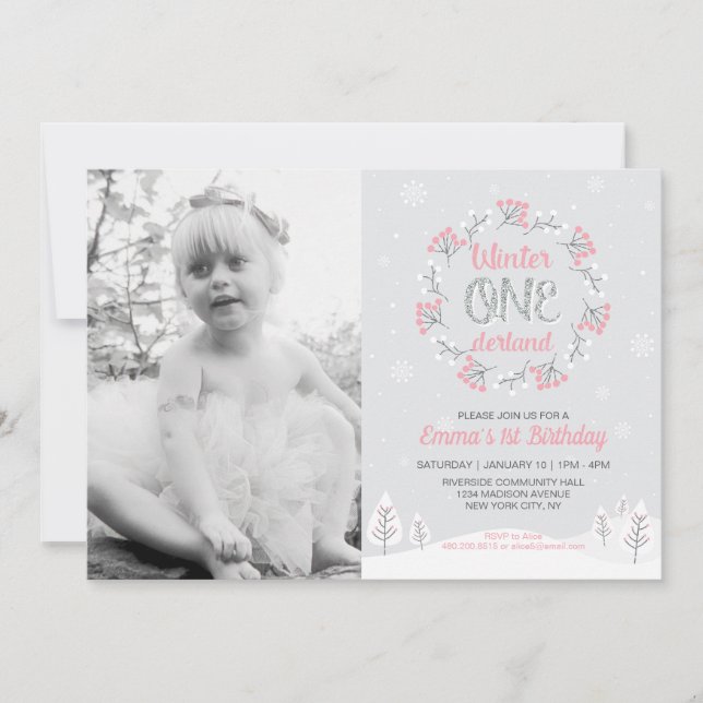 Girl Winter Onederland Photo 1er Invitation d'anni (Devant)