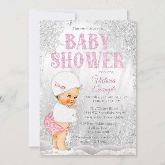 Girl Winter Wonderland Kinderdusche Rosa Schneeflo Einladung (Vorderseite)