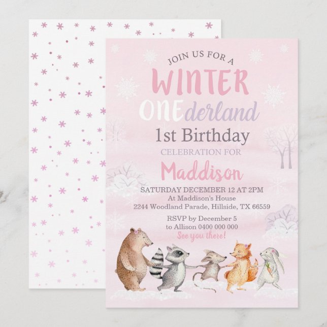 Girl Winter Woodland 1. Geburtstag Einladung (Vorne/Hinten)