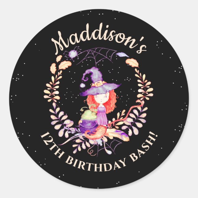 Girl Witch Birthday Watercolor Runder Aufkleber (Vorderseite)