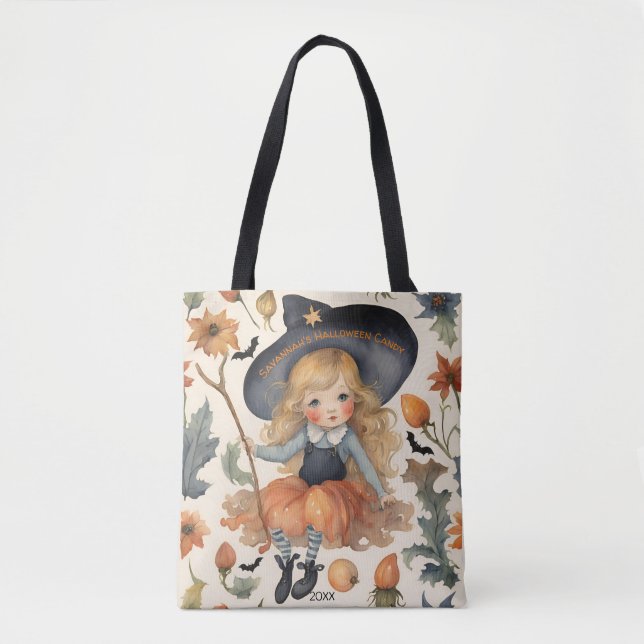 Girl Witch Personalisiert Halloween Candy Tasche (Vorderseite)