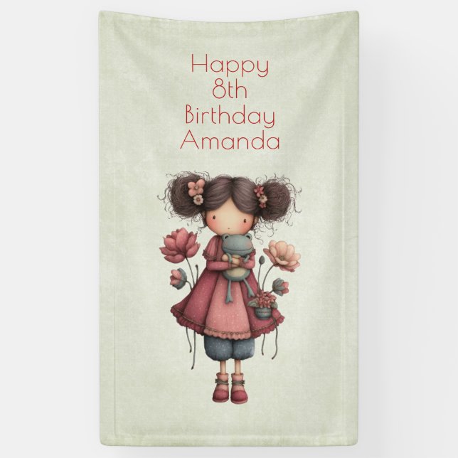 Girl with A Frog Doll Cute Whimsical Birthday Banner (Vertikal)