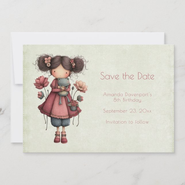 Girl with A Frog Doll Cute Whimsical Birthday Save The Date (Vorderseite)