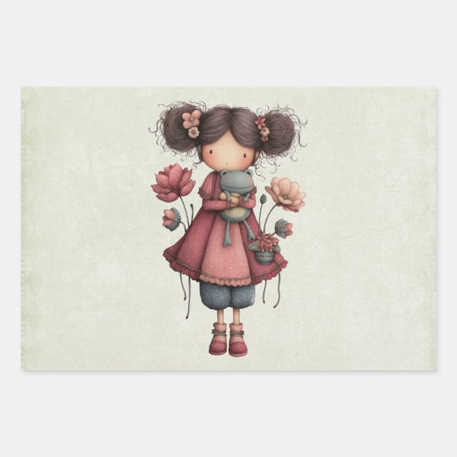 Girl with A Frog Doll Cute Whimsical Geschenkpapier Set (Vorderseite)