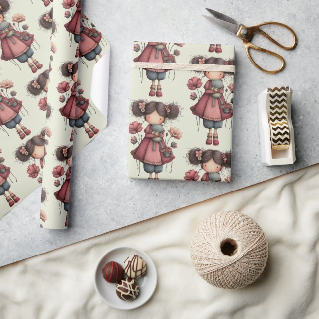 Girl with A Frog Doll Cute Whimsical Pattern Geschenkpapier (Kunsthandwerk)