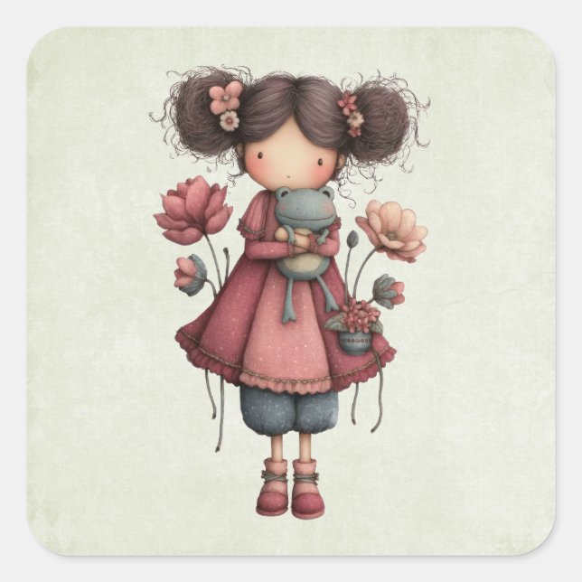 Girl with A Frog Doll Cute Whimsical Quadratischer Aufkleber (Vorderseite)