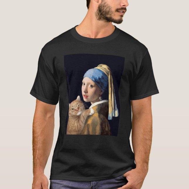 Girl With A Pearl Earring With Orange Cat  Paintin T-Shirt (Vorderseite)